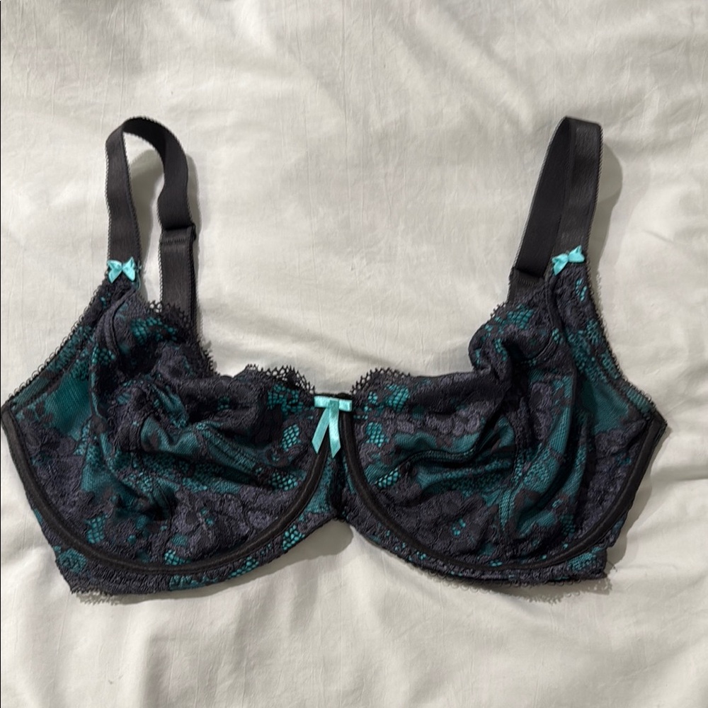 Black and Turquoise Lace Bra with Underwire Support